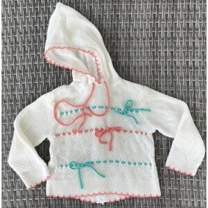 Vintage Toddler 24 Months White Knit Crochet Back Full Zip Sweater Hoodie EUC